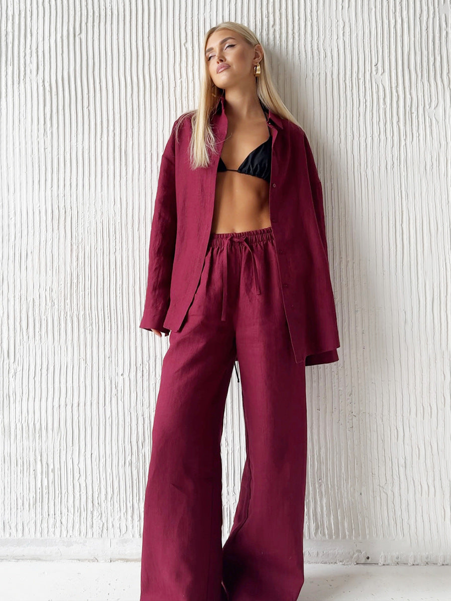Cotton Shirt Trousers Spring Summer Loose Long Sleeve Shirt Casual Two Piece Sets Women