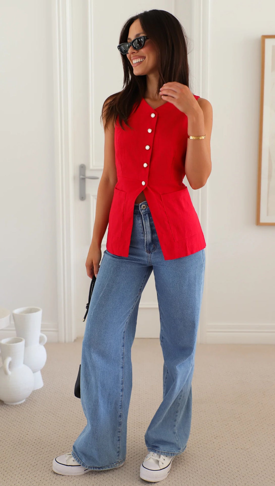 Women Clothing Solid Color V neck Sleeveless Vest Summer Top