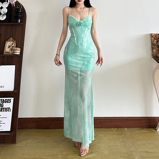 Spring Summer Women Clothing French Vacation Printed Suspender Sexy Backless Slim Fit Waist Dress Women