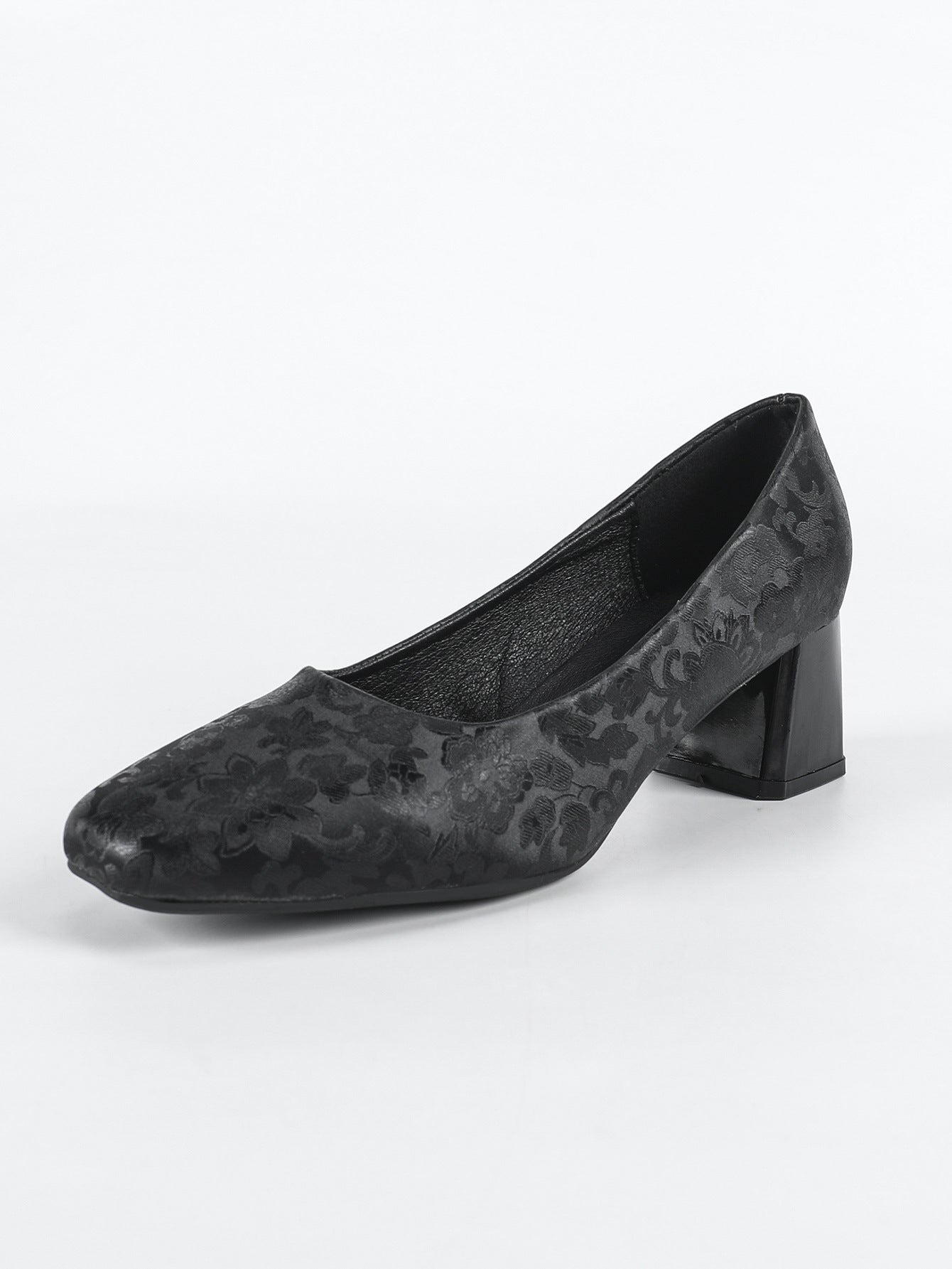 Square Toe Low Cut Chunky Heel Pattern Design Niche Women Work Shoes
