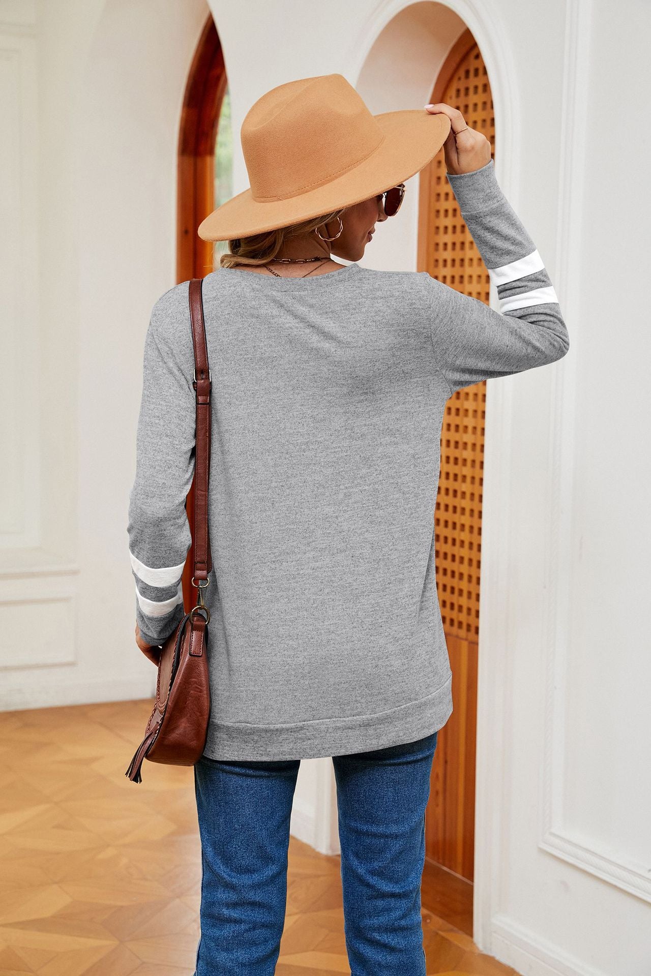 Autumn Winter Solid Color V neck Color Contrast Patchwork Loose Long Sleeved T shirt Top