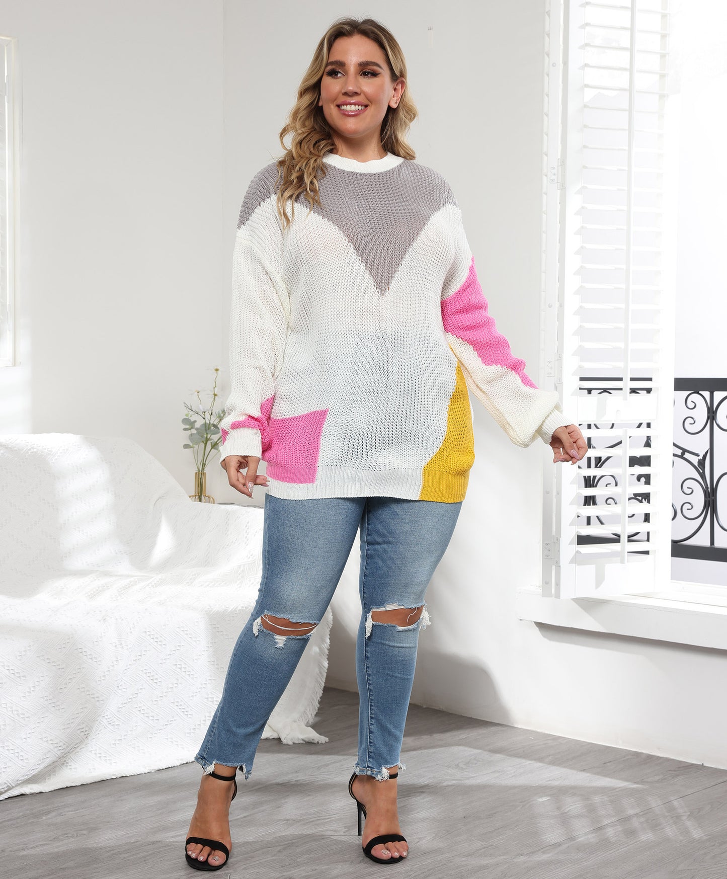 Plus Size Women Clothes Color Contrast Patchwork Loose Casual Pullover Sweater