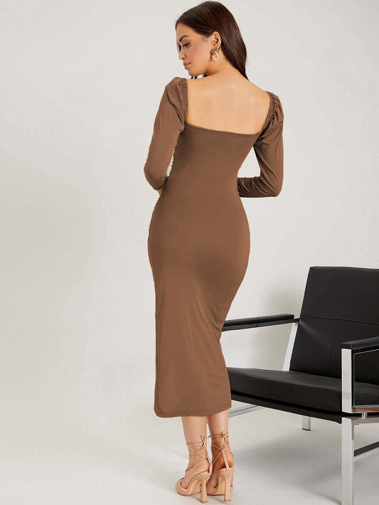 Women Clothing Elegant Socialite V neck Dress Autumn Winter High Sense Midi Dress