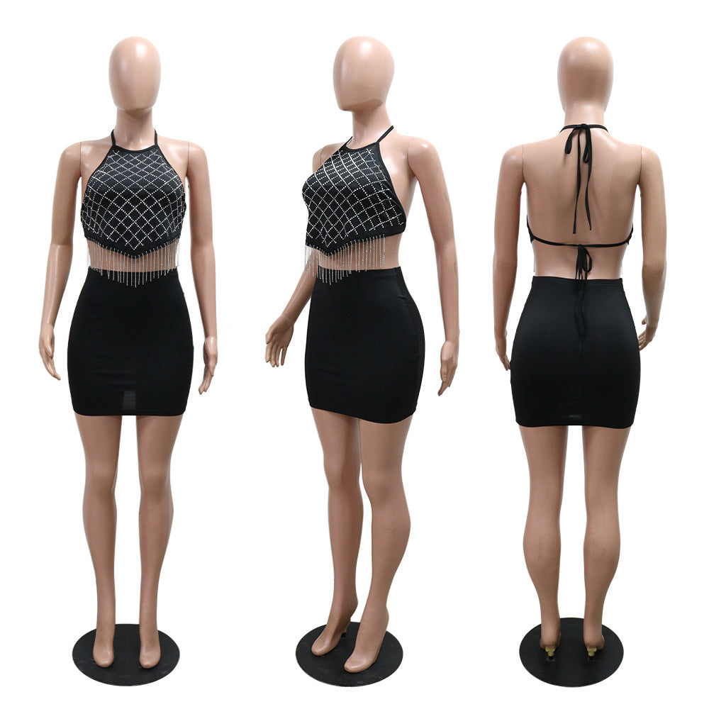 Sexy Lacing Short Rhinestone Stitching Tassel Top Hip Short Skirt Solid Color Two Piece Set