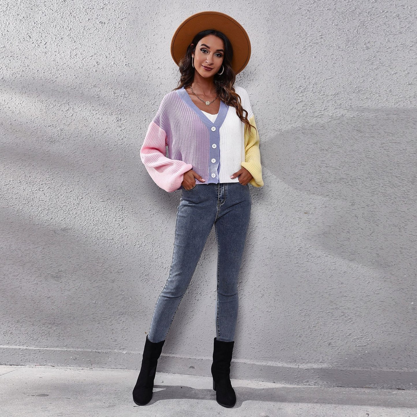 Popular Contrast Color Knitted Cardigan Color Matching Lantern Sleeve Short Sweater for Women Loose