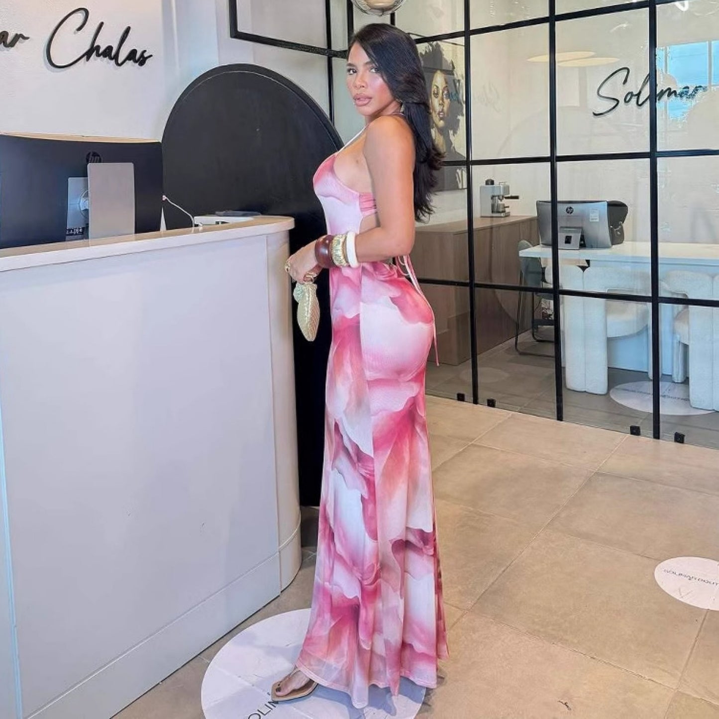 Summer Women Elegant Sexy Print Backless Slim Fit Waist Sheath Dress