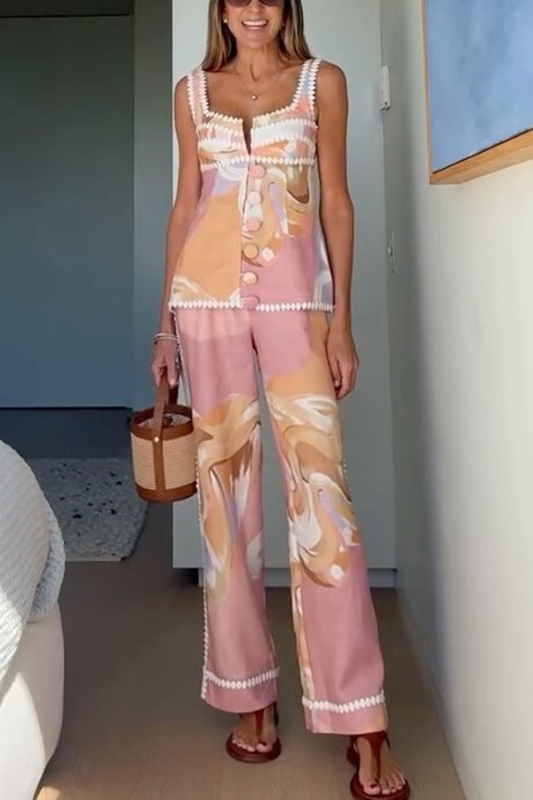Spring Summer Sleeveless Vest Pants Printing Vacation Pocket Two Piece Set for Women