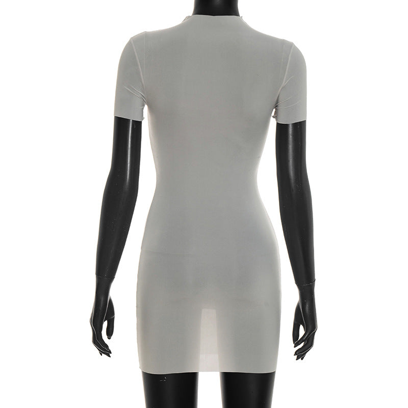 Women Clothing Summer Solid Color Sexy See through round Neck Short Sleeve Slim Fitting Basic Dress