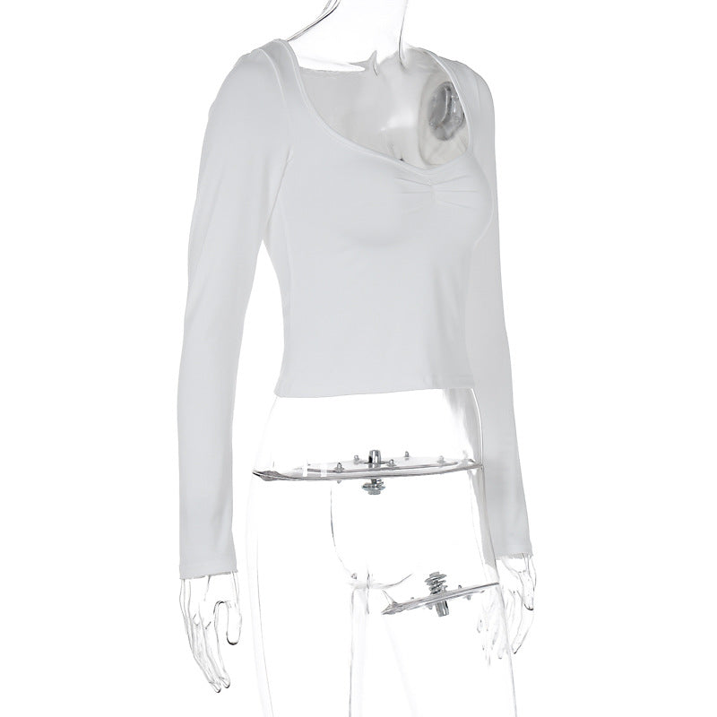 Women Clothing Summer Sexy Slim Fit Slimming Cropped Solid Color Long Sleeved Top T shirt