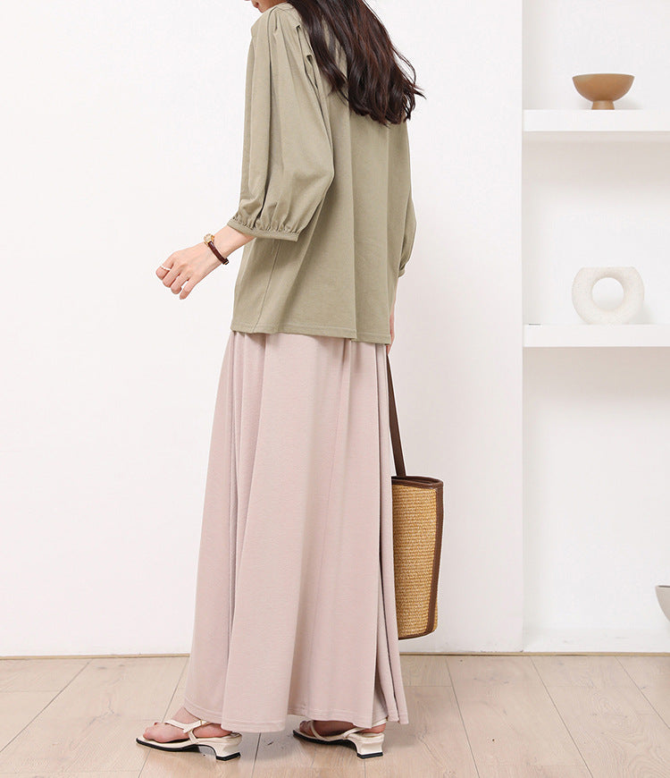 T shirt for Women Early Autumn Fresh Breathable Lantern Sleeve round Neck Solid Color Three Quarter Length Sleeve Top for Women