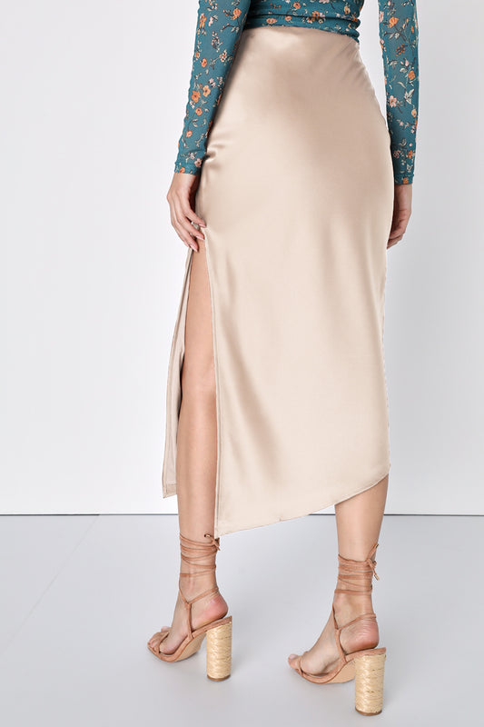 Women Clothing Satin Skirt Asymmetric High Waist Elastic Long Skirt Elegant Slit Skirt