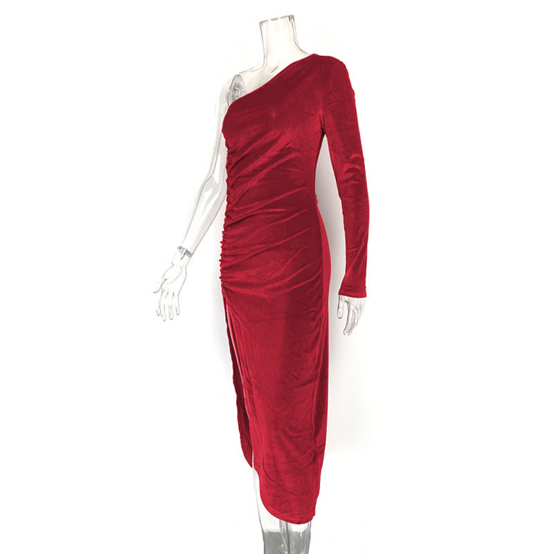 Arrival Women Nightclub Party Split Dress Sexy Slim One Shoulder Dress