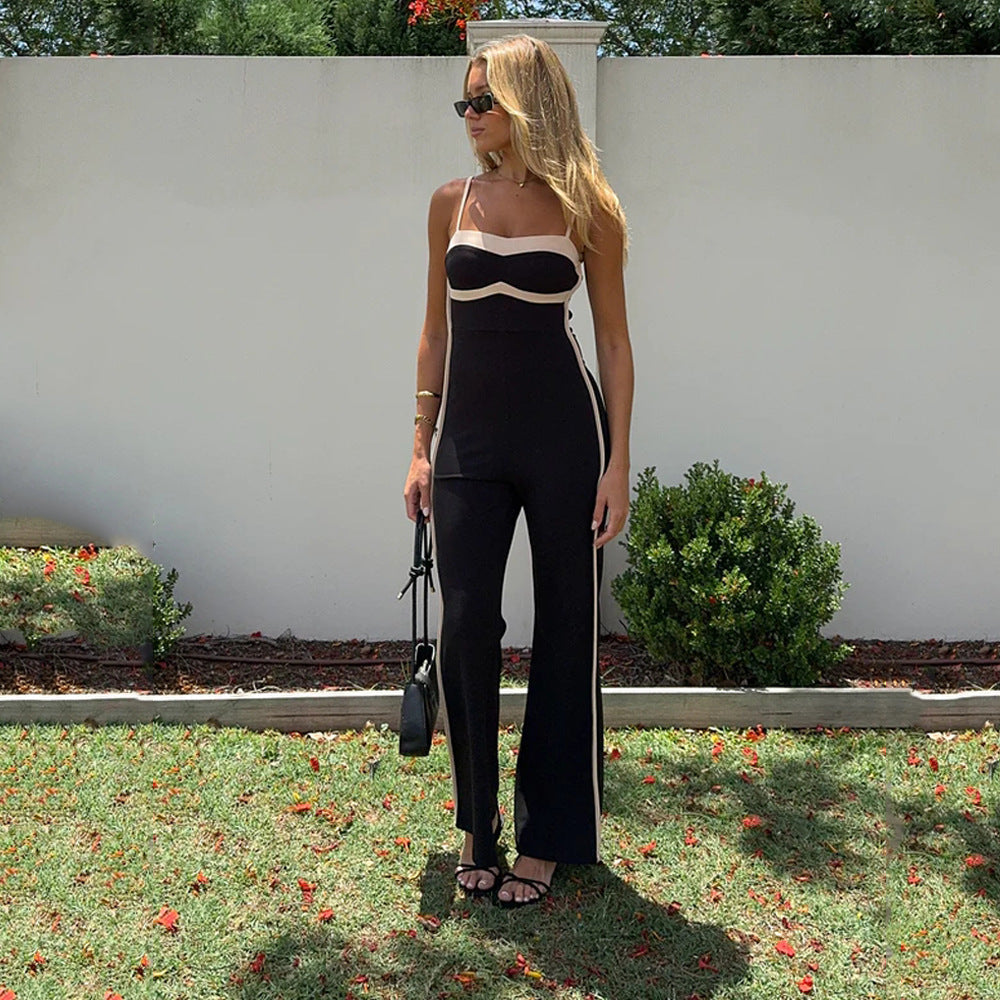 Women Clothing Spring Color Contrast Slim Strap One Piece Trousers