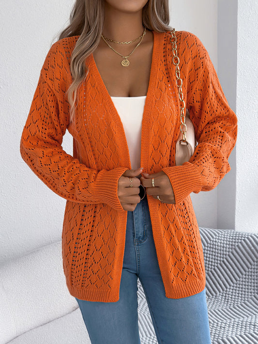 Autumn Winter Hollow Out Cutout out Lantern Long Sleeve Cardigan Sweater Mid Length Coat Women Clothing