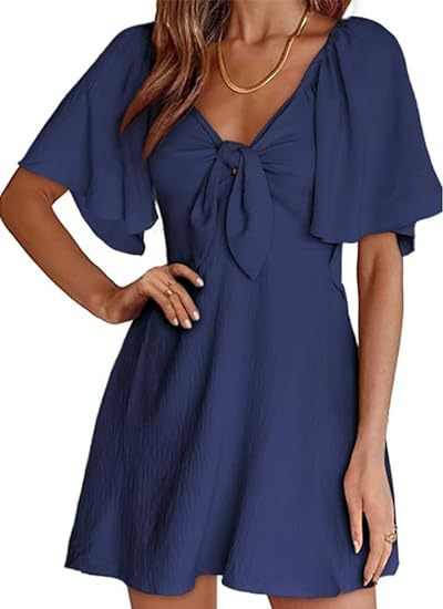 Women Clothing Shein V Neck Bow Lace Up Short Sleeve Mini Dress