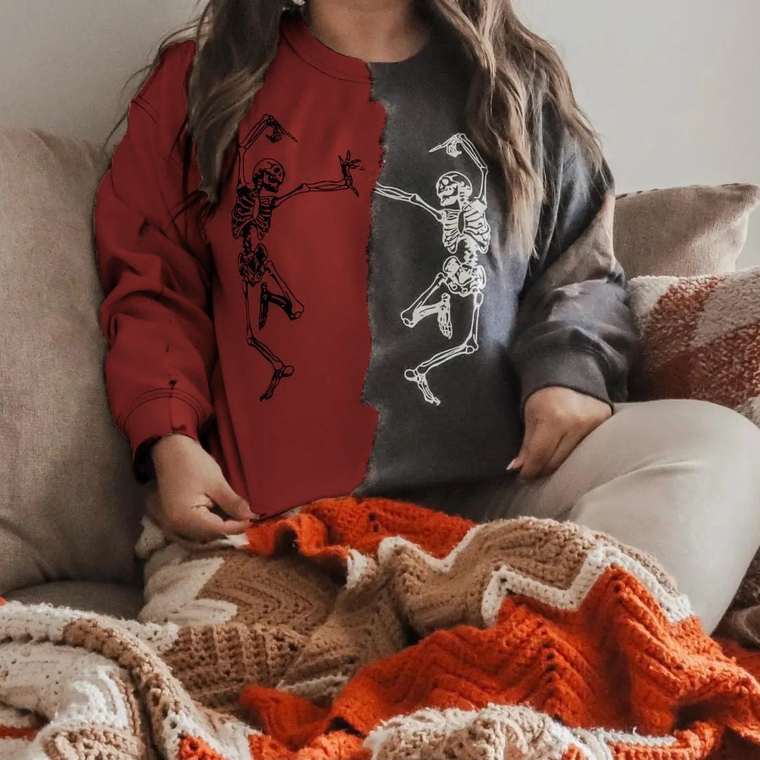 Fall Women Tops Skull Printing Color Contrast Personality Street Loose Sweater Women