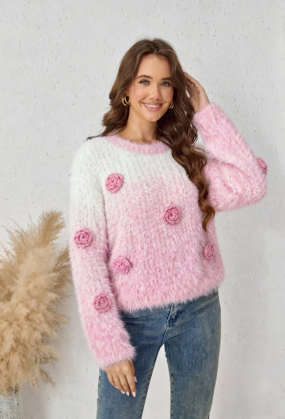 Autumn Winter round Neck Loose Three Dimensional Floral Gradient Sweater Sweet Youthful Looking Soft Glutinous Warm Beautiful Sweater