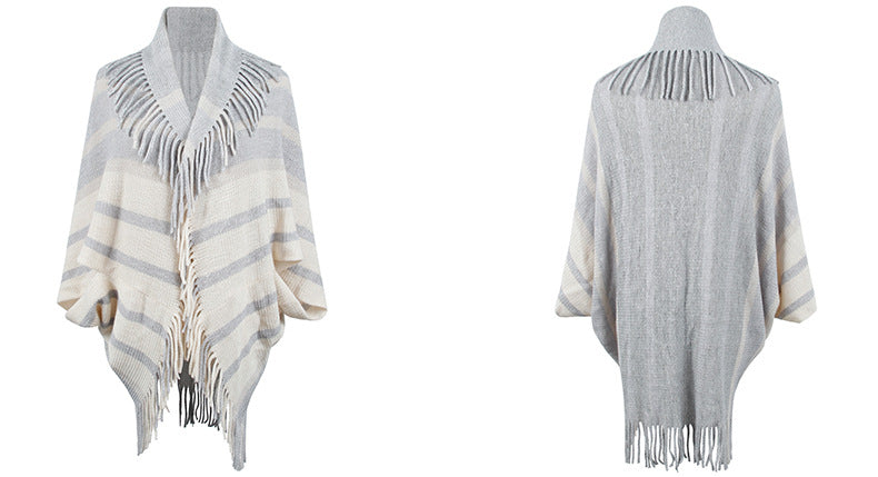 Tassel Inverness Women Autumn Winter Knitted Striped Cloak Women