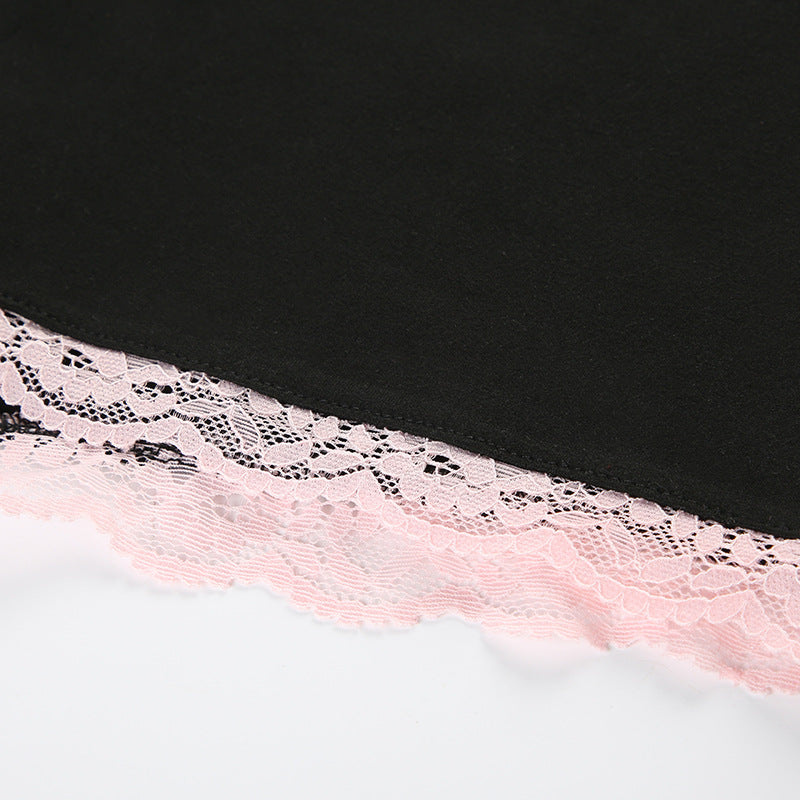 Contrast Color Lace Girl Sling Jumpsuit Summer Holiday Bow Stitching Square Collar Jumpsuit Shorts