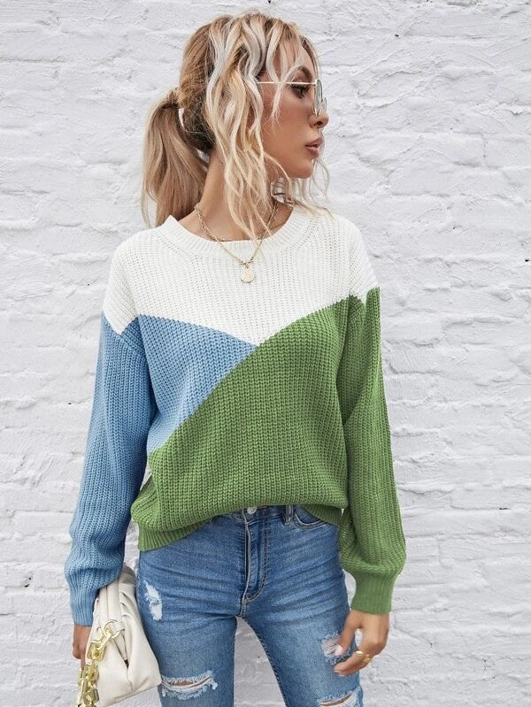 Pullover Sweater Color Matching Autumn Winter round Neck Knitted Street Hipster Sweater