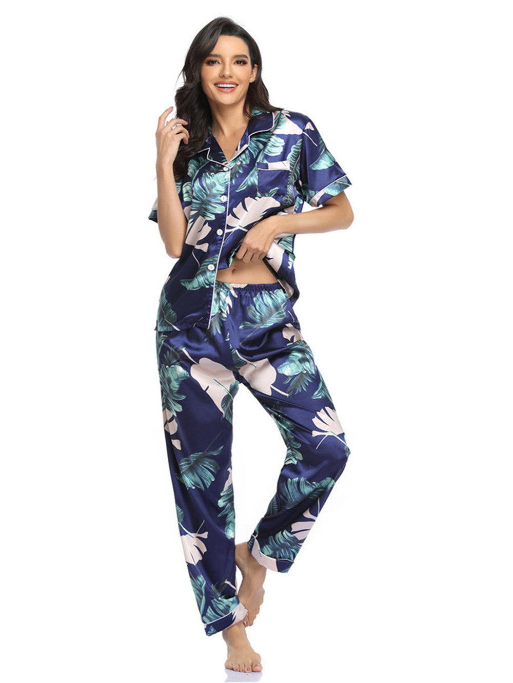 Imitated Silk Pajamas Women Home Wear Two-Piece Short-Sleeved Trousers