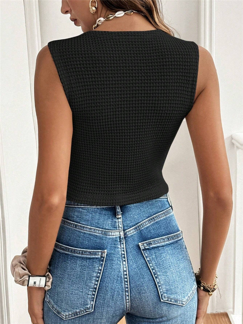Casual Simple V neck Three Button Women Vest T shirt Top