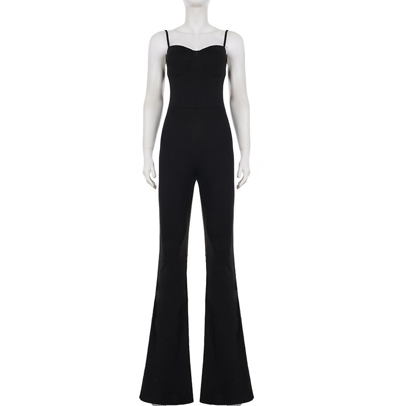 Solid Color Slim Fit with Brassiere Pad Drawstring Slim Fit Sexy Siamese Trousers Micro Pull Jumpsuit for Women
