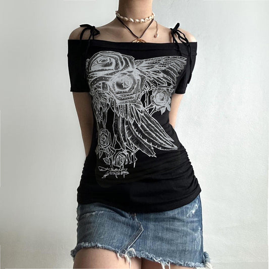 Street Dark Rose Floral Print off Shoulder Tied Slim Fit T shirt Sexy Graffiti Printing Halter Top