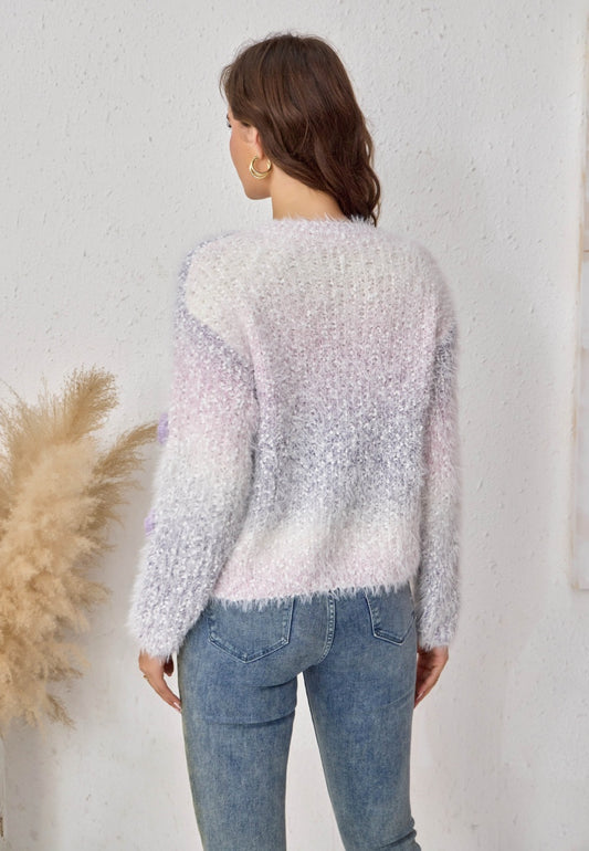 Autumn Winter round Neck Loose Three Dimensional Floral Gradient Sweater Sweet Youthful Looking Soft Glutinous Warm Beautiful Sweater
