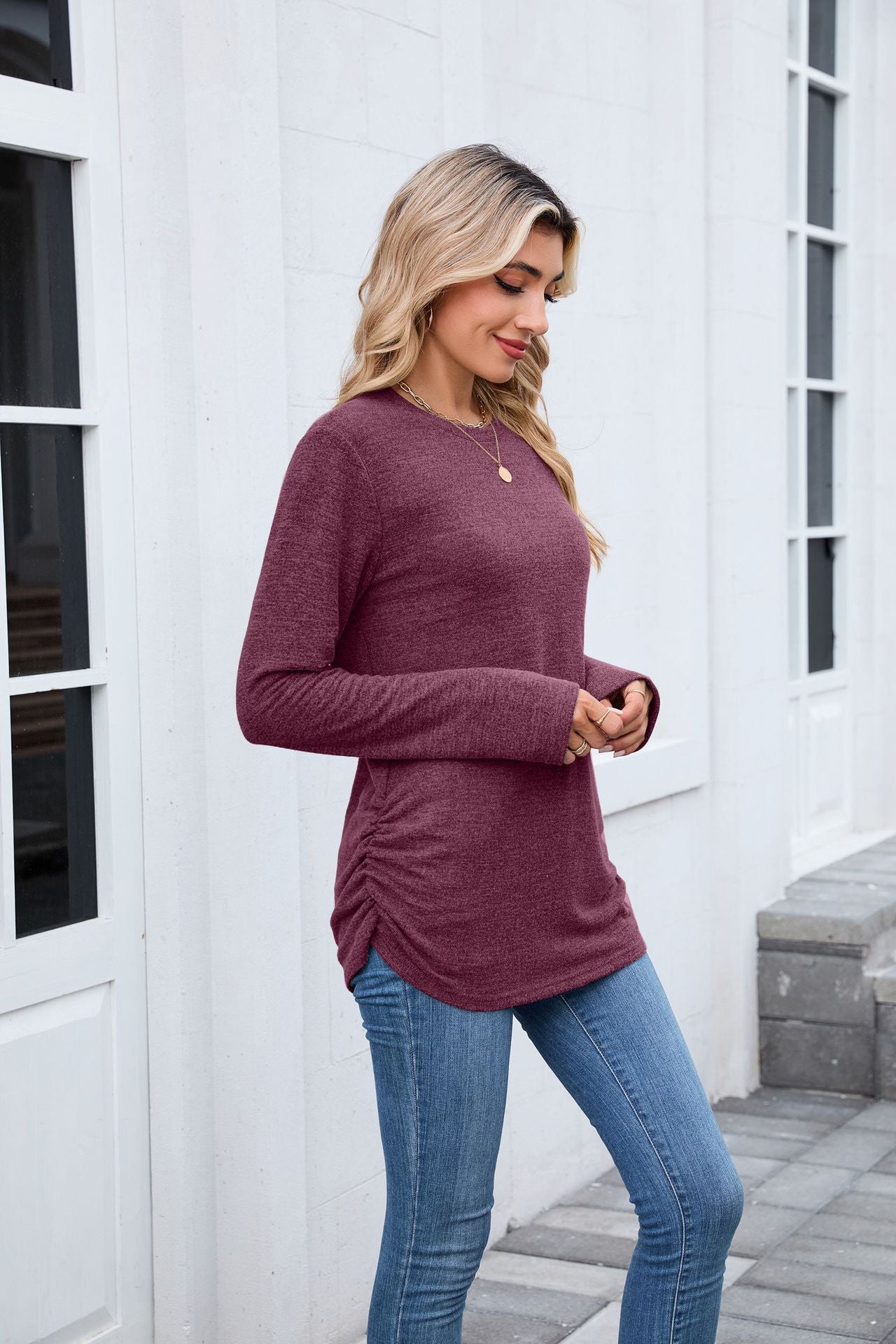 Autumn Winter Solid Color round Neck Loose Long Sleeved T shirt Top Women