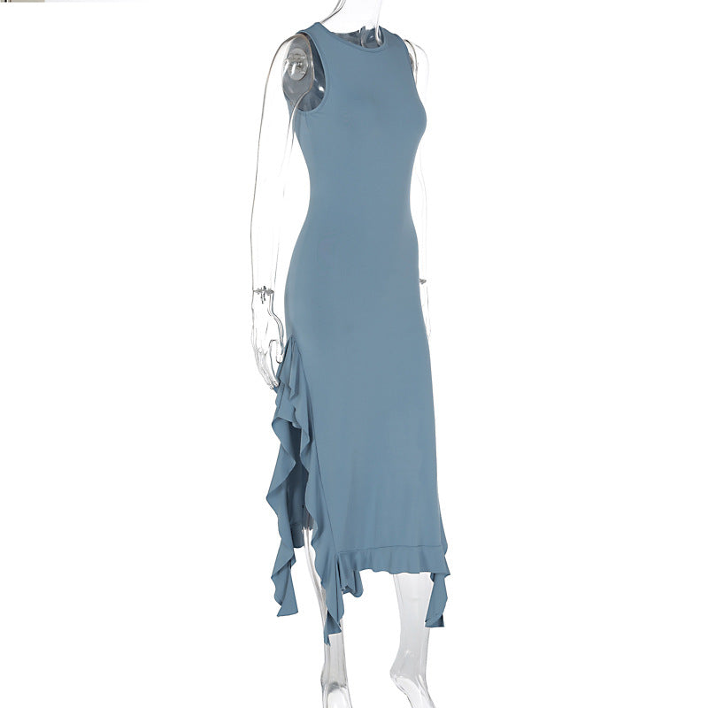 Summer round Neck Flounce Slim Fit Slit Dress Girls