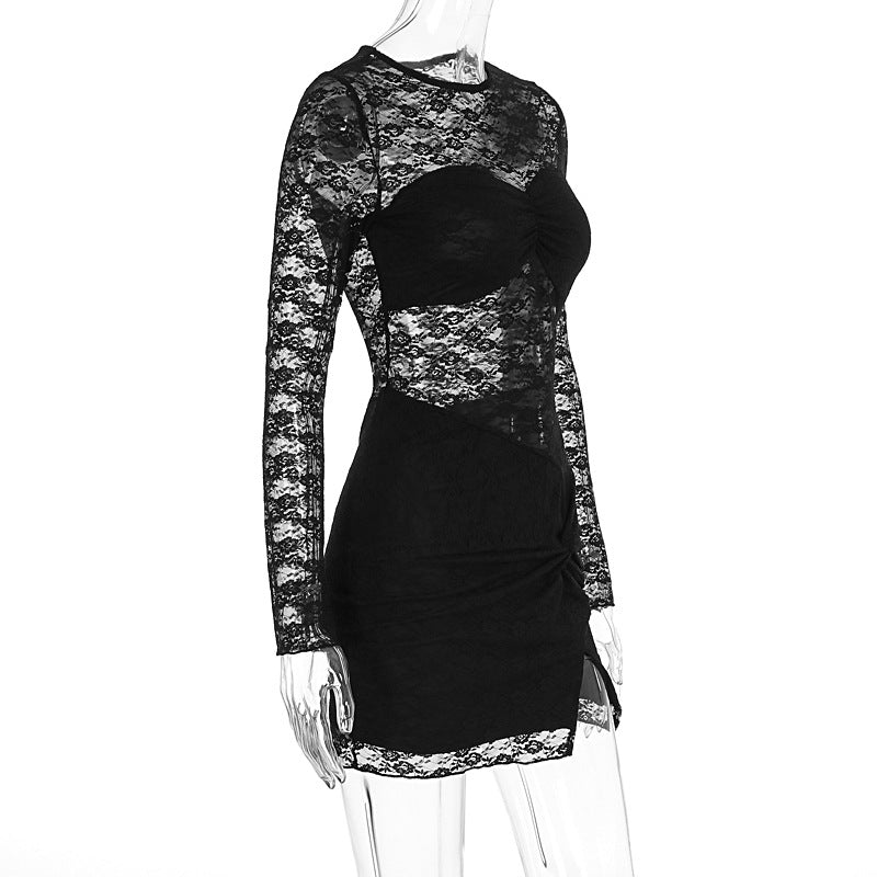 Women Clothing Summer Sexy See through Lace Sheath Long Sleeve Dress
