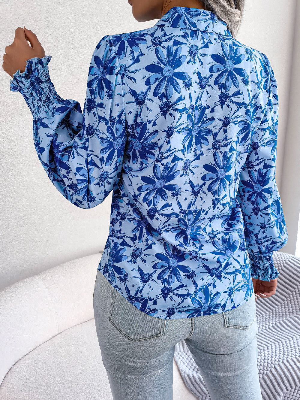 Spring Summer Casual Lantern Sleeve Contrast Color Floral Collared Shirt Women Clothing