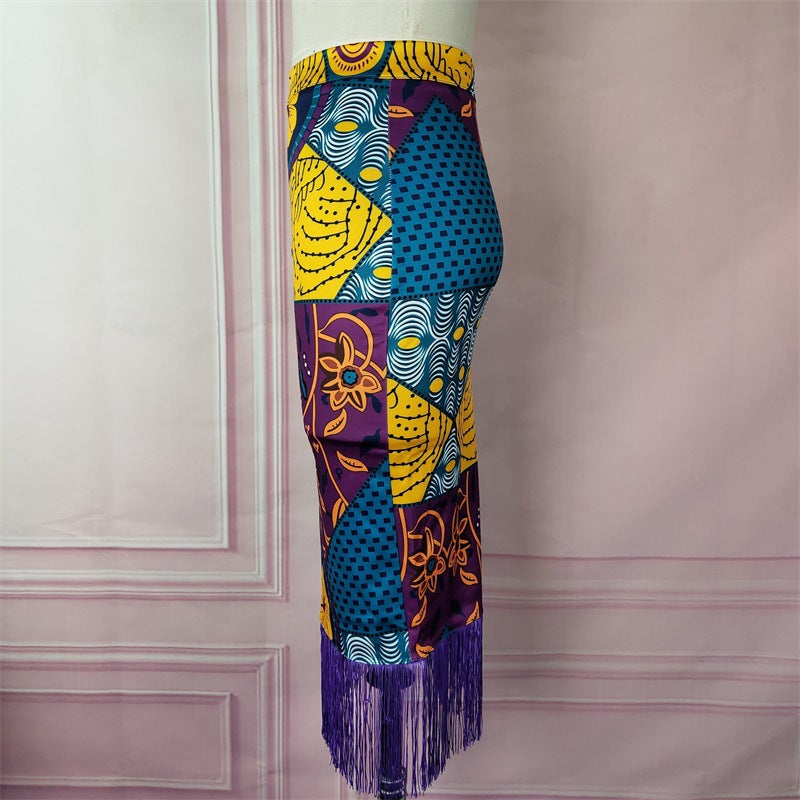 High Waist Print Stitching Tassel Hip Skirt Women Party Skirt Skirt Skirt