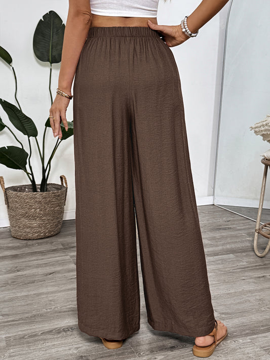 Casual Simple Lace up Embroidery Solid Color Loose Wide Leg Pants Thin Women