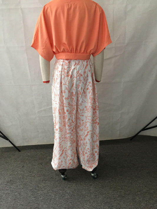 Fashion V neck Short Shirt Top Suit Printed Office Wide Leg Pants Women Clothing