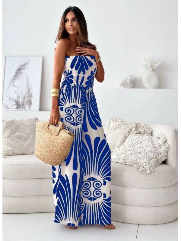 Women Clothing Chemical Supply Summer Printed Tube Top Cinched Waist Trousers Jumpsuit