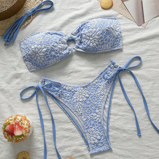 Swimwear Solid Color Floral Patterned Fabric Bikini Sexy Lace up Bandeau Bikini