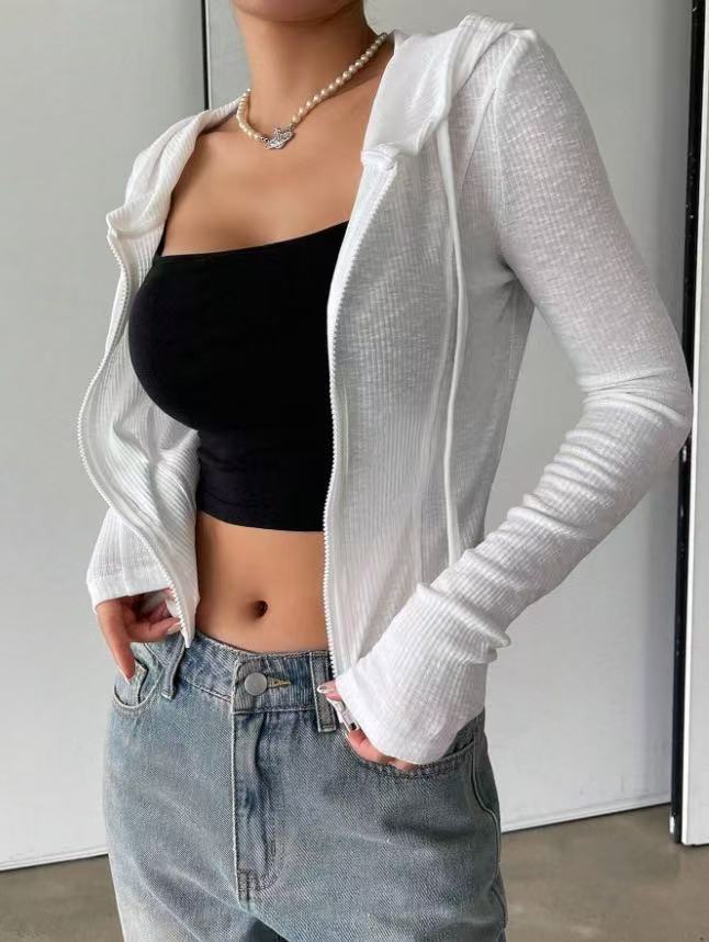 Fall Winter Knitwear Cardigan Top Slim Fit Sports Hoodie Short Zipper Hooded Sweatshirt