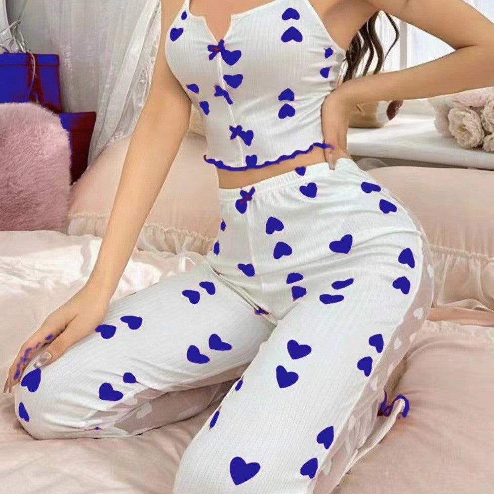 Printed Color Contrast Patchwork Mesh Pajamas Front Split Sling Pajamas Set