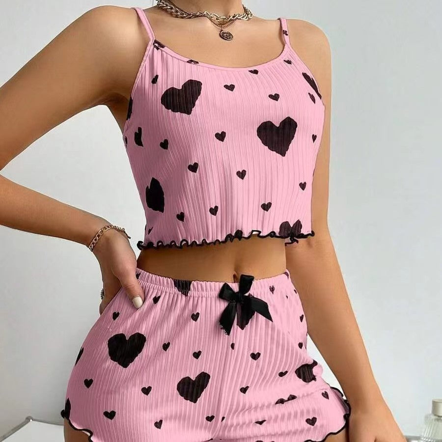 Ladies Homewear Heart Printing Suspender Shorts Casual Sunken Stripe Outerwear Women Pajamas