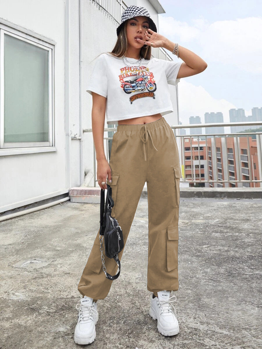High Street Hip Hop Women Pants Trendy Trousers Multi Pocket Street Overalls Loose Straight Leg Ankle Banded Pants
