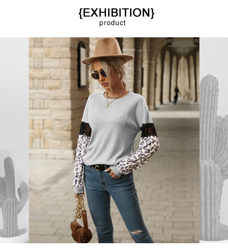 Autumn Winter Stitching Top Women Leopard Print Long Sleeve Contrast Color Knitwear
