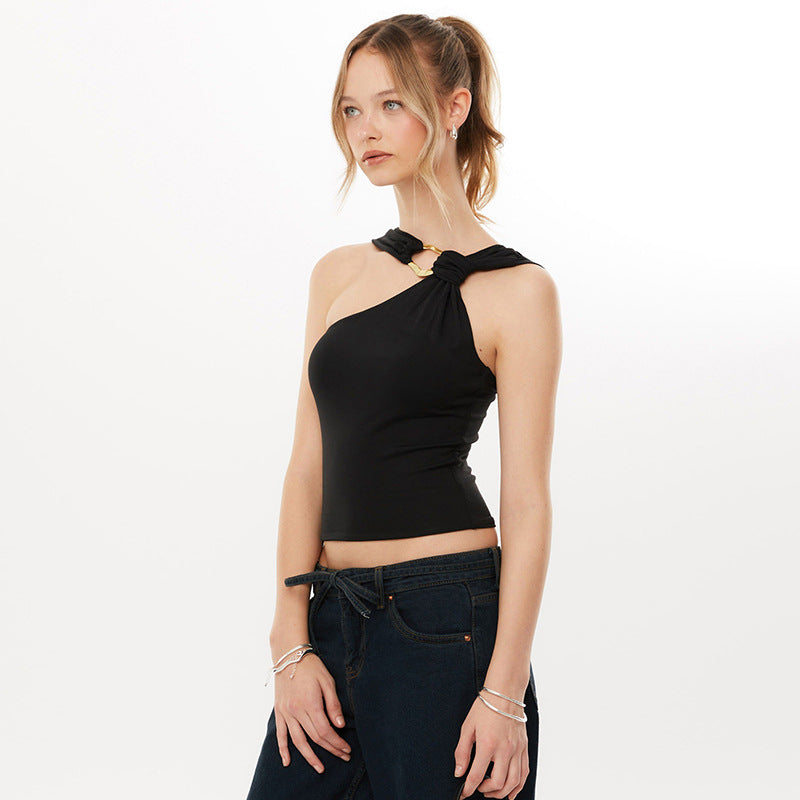 Summer Sexy Sexy Design Decorative Sloping Shoulder Backless Vest Women Top