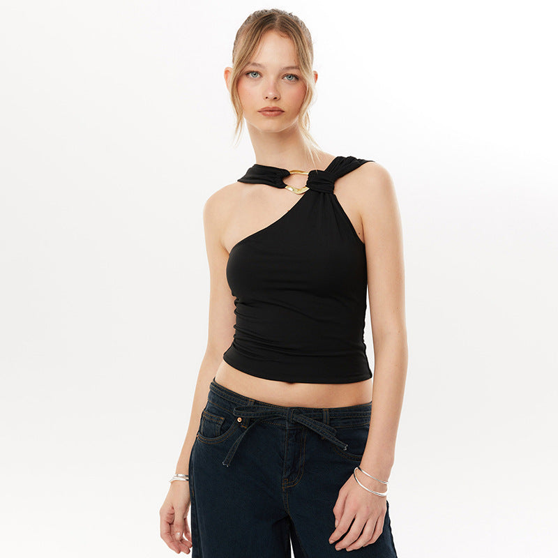 Summer Sexy Sexy Design Decorative Sloping Shoulder Backless Vest Women Top