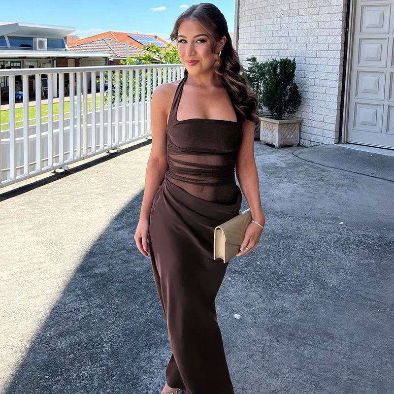Sexy Mesh Stitching Dress Slim Fit Backless Solid Color Cropped Outfit Halter Split Maxi Dress