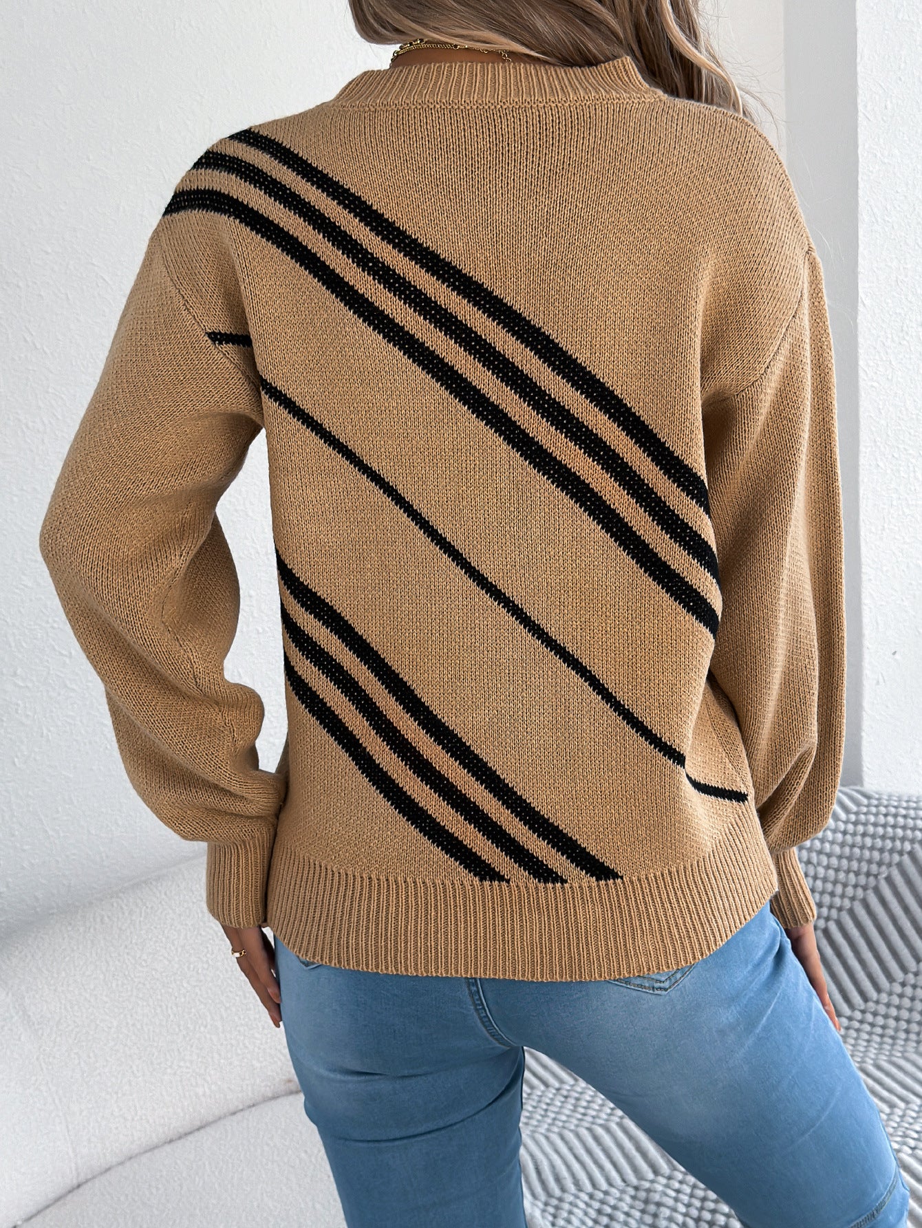 Women Clothing Autumn Winter Casual Striped round Neck Lantern Long Sleeve Pullover