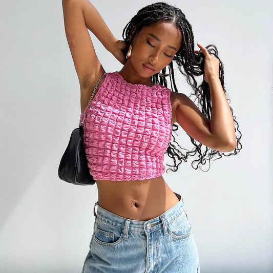 Spring Summer Small Vest Women Street Sexy Round Neck Sleeveless Short Cropped Top Women