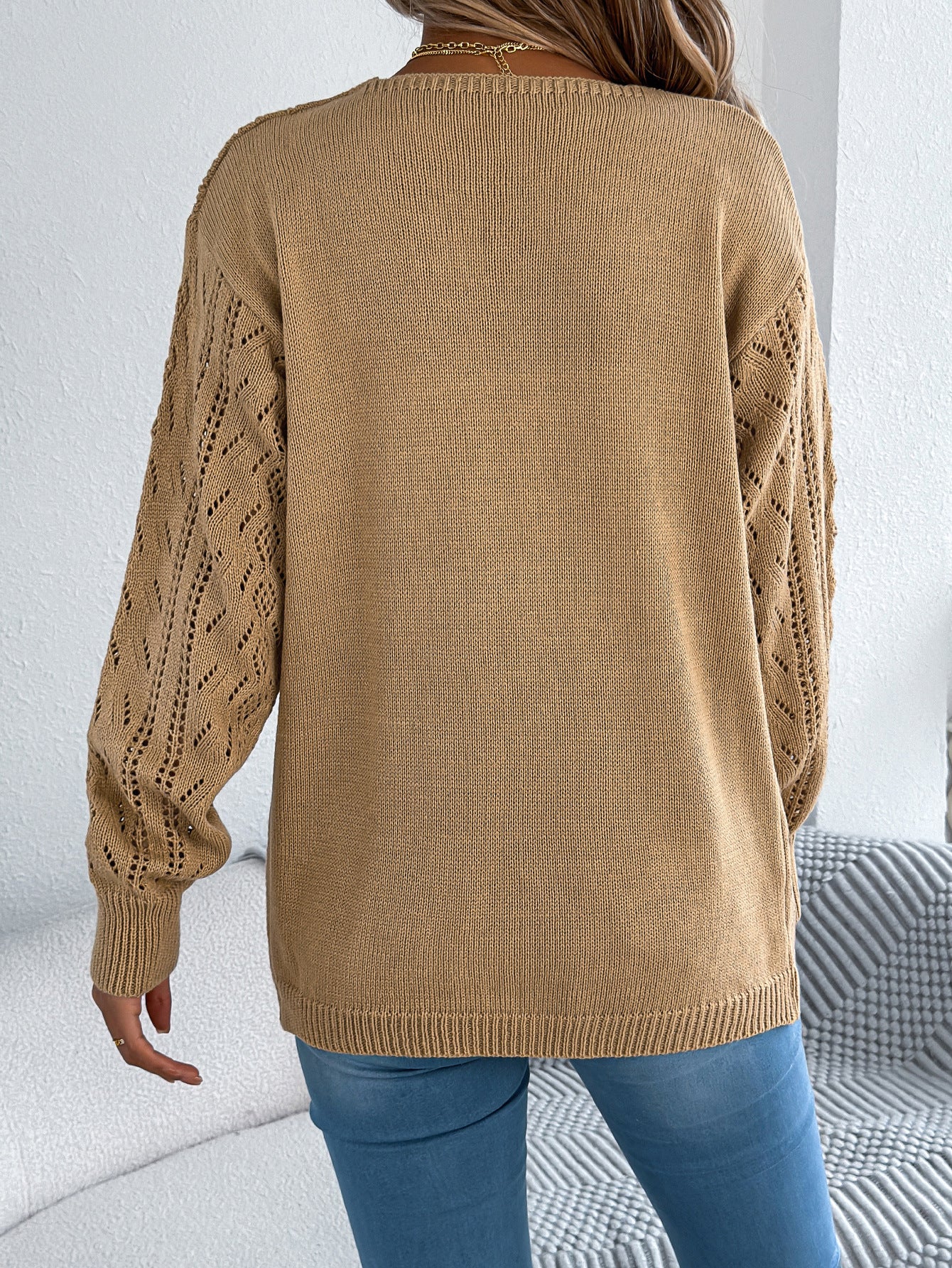 Early Autumn Casual Hollow Out Cutout out Lantern Long Sleeve Cardigan Sweater Mid Length Coat Women Clothing