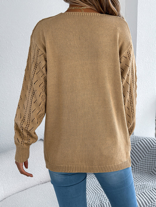Early Autumn Casual Hollow Out Cutout out Lantern Long Sleeve Cardigan Sweater Mid Length Coat Women Clothing